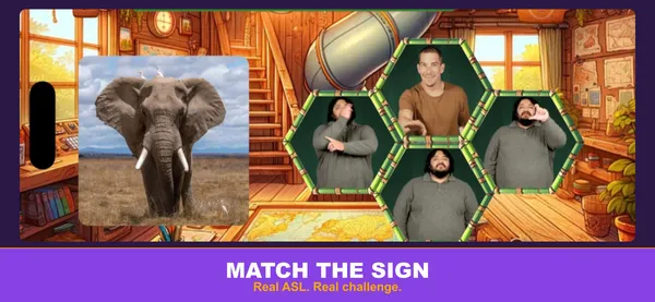Multiple Choice gameplay showing an elephant image prompt with four hexagonal video answer tiles of signers performing different ASL signs